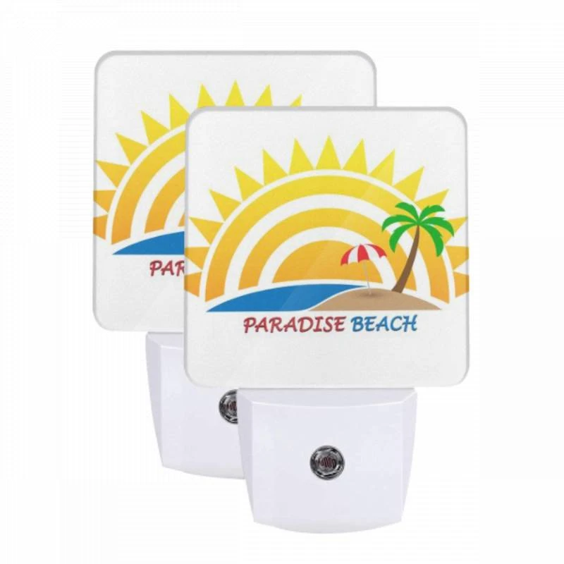 Night Light Set of 2, A sunny beach with a palm tree and a red umbrella. Night Light Set Of 2, A Sunny Beach With A Palm Tree And A Red Umbrella. -Pattern Night Light f1cfe74de7305d0bed1d9f344e4b3ced0598b239