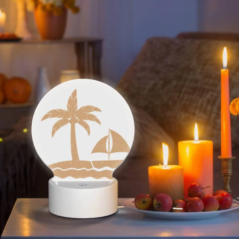 Round Acrylic Night Light, A sailboat is sailing in the ocean near a palm tree. Round Acrylic Night Light, A Sailboat Is Sailing In The Ocean Near A Palm Tree. -Pattern Night Light f33c0ca81d5b165cf4bd674d11dc92c65f49847d