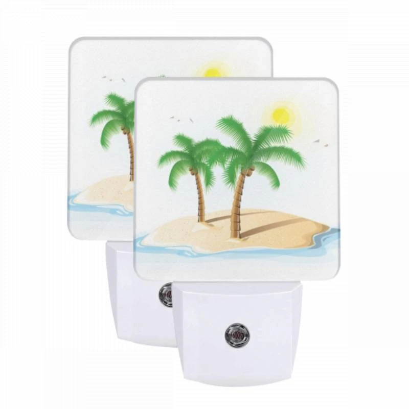 Night Light Set of 2, A white drawing of a palm tree on a sandy beach. Night Light Set Of 2, A White Drawing Of A Palm Tree On A Sandy Beach. -Pattern Night Light f5c7e0ea74d6aefcc8c00f2f7f431e03498c3b4c