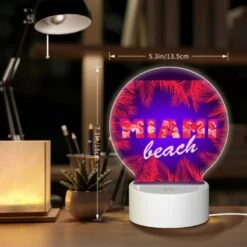 Round Acrylic Night Light, A Colorful Image Of A Beach With Palm Trees And The Word "Miami" Written In Red. 7 Round Acrylic Night Light, A Colorful Image Of A Beach With Palm Trees And The Word "Miami" Written In Red. -Pattern Night Light f60164ff66fe48901c7e002d800b5282270ea9ac