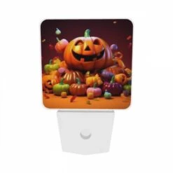 Night Light Set Of 2, A Pumpkin With A Scary Face Is Surrounded By A Bunch Of Candy Pumpkins. 8 Night Light Set Of 2, A Pumpkin With A Scary Face Is Surrounded By A Bunch Of Candy Pumpkins. -Pattern Night Light f69551afe6ffee81016ad50e69e2c655a0f71461