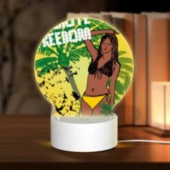 Round Acrylic Night Light, A Woman With A Yellow Bikini Is Standing In Front Of A Tree With Birds Flying Around Her.
