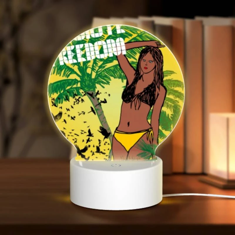 Round Acrylic Night Light, A woman with a yellow bikini is standing in front of a tree with birds flying around her. Round Acrylic Night Light, A Woman With A Yellow Bikini Is Standing In Front Of A Tree With Birds Flying Around Her. -Pattern Night Light f7bec933ee5c53c5e70e364a546c9f393ef93972