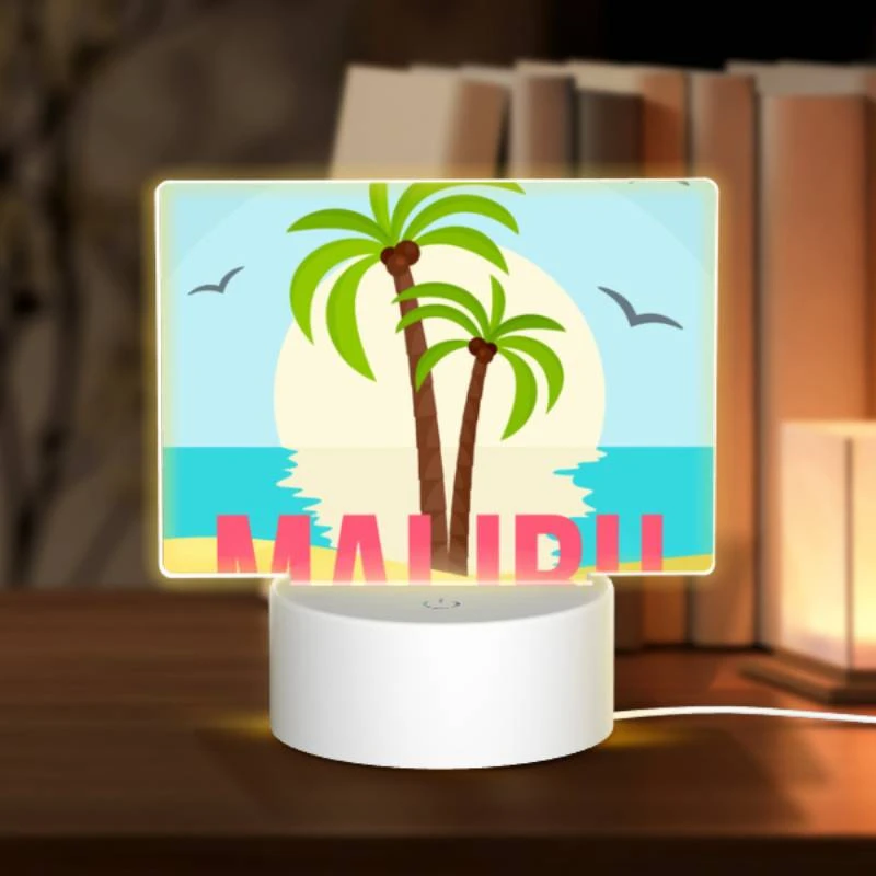 Rectangular Acrylic Night Light, A palm tree is in front of a sunset with the word Malibu written below it. Rectangular Acrylic Night Light, A Palm Tree Is In Front Of A Sunset With The Word Malibu Written Below It. -Pattern Night Light f81fcd473fa85062cf07461aef66533bee51d848