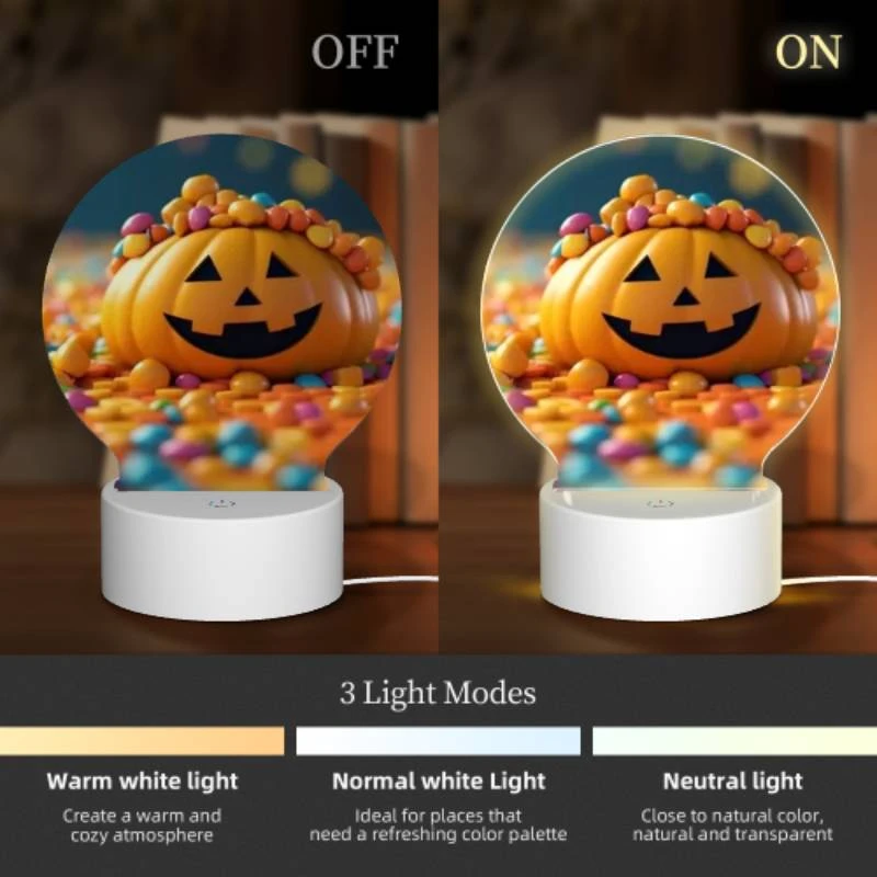 Round Acrylic Night Light, A candy pumpkin with a smile on its face. Round Acrylic Night Light, A Candy Pumpkin With A Smile On Its Face. -Pattern Night Light f846154a05bd7765555fb30dcf8ebd83421a1ee7