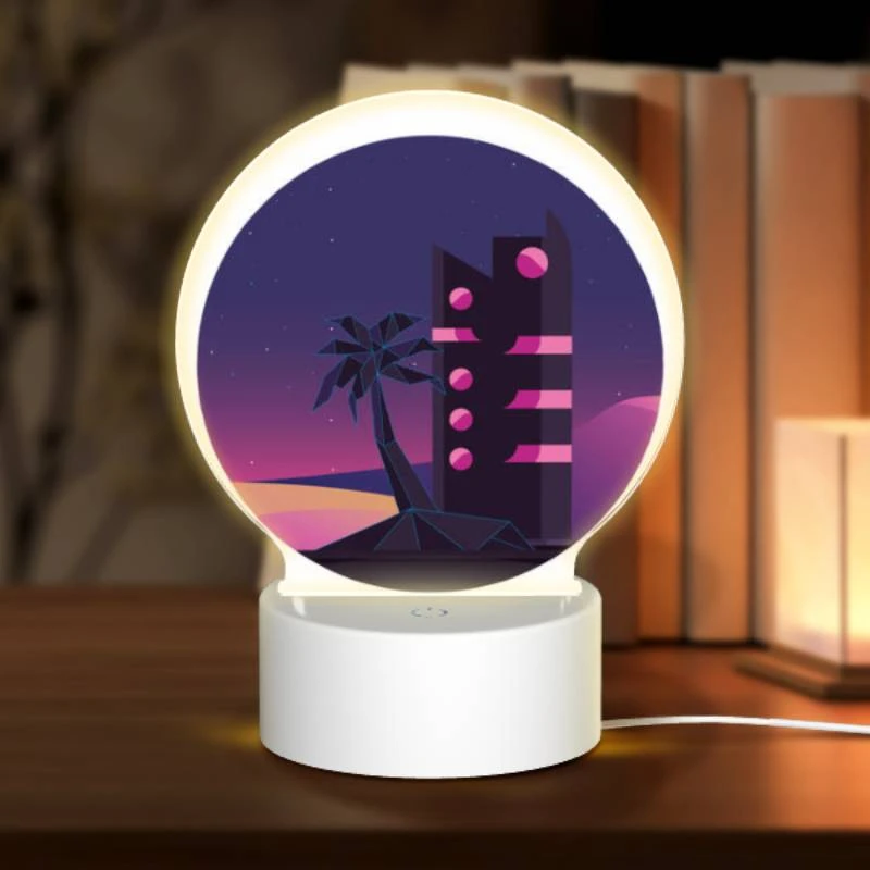 Round Acrylic Night Light, A tall building with a pink and black color scheme is lit up at night. Round Acrylic Night Light, A Tall Building With A Pink And Black Color Scheme Is Lit Up At Night. -Pattern Night Light f86930fe6530c7211597577e1f518917e973e67e