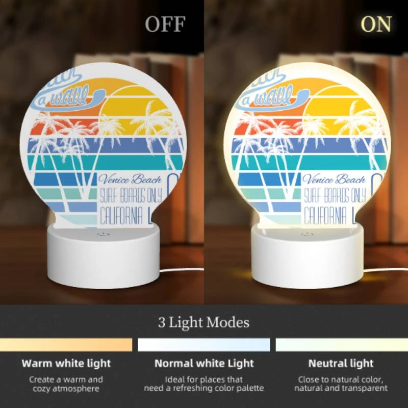 Round Acrylic Night Light, A surfboard advertisement for Venice Beach. Round Acrylic Night Light, A Surfboard Advertisement For Venice Beach. -Pattern Night Light fa76dcb8e4c19d3f4737e157769cd075e54dddac
