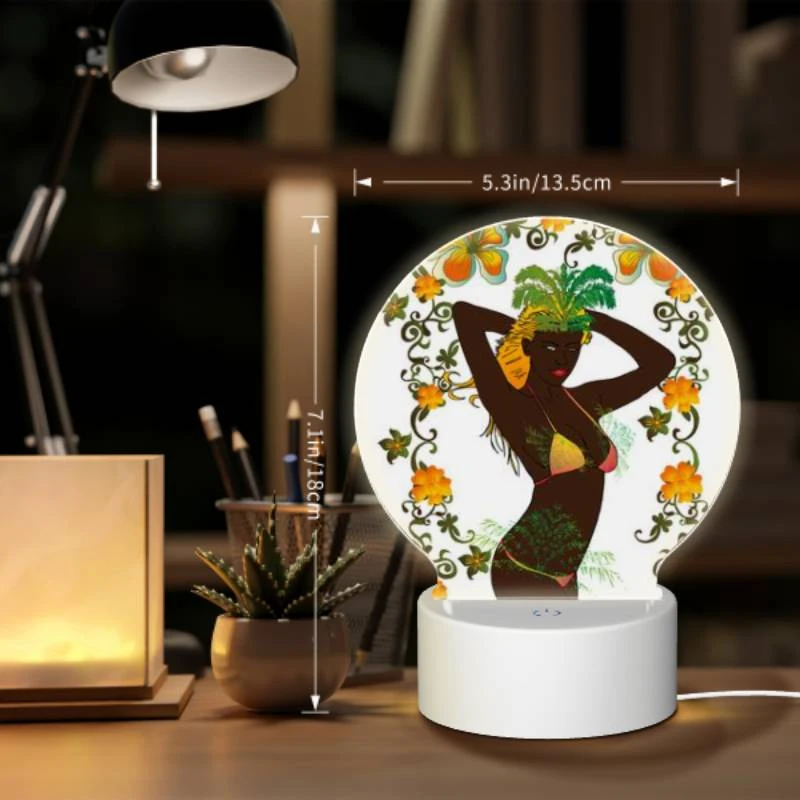 Round Acrylic Night Light, A woman wearing a grass skirt and a flower in her hair. Round Acrylic Night Light, A Woman Wearing A Grass Skirt And A Flower In Her Hair. -Pattern Night Light fb43de524142515d29b6afd0d172a3105a8a3118