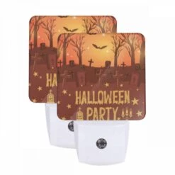 Night Light Set Of 2, A Halloween Party Is Advertised With A Spooky Scene Of Graves And Bats.