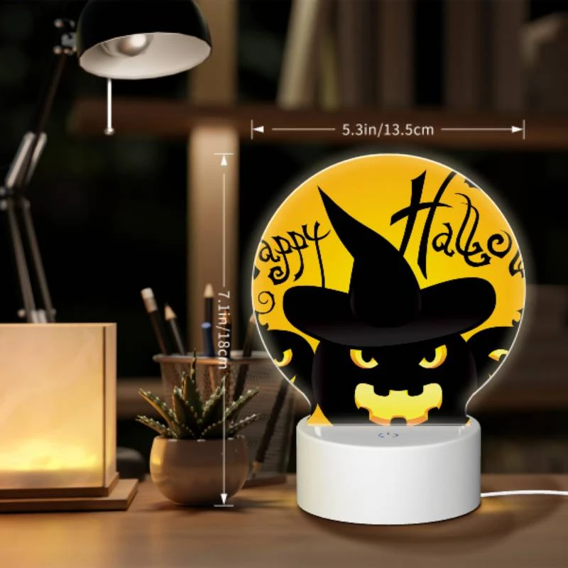Round Acrylic Night Light, Three black and yellow pumpkins are shown with a witch's hat on top of each one. Round Acrylic Night Light, Three Black And Yellow Pumpkins Are Shown With A Witch's Hat On Top Of Each One. -Pattern Night Light fcc4e877b47d810a85c10f24be0a5b4b3278379b