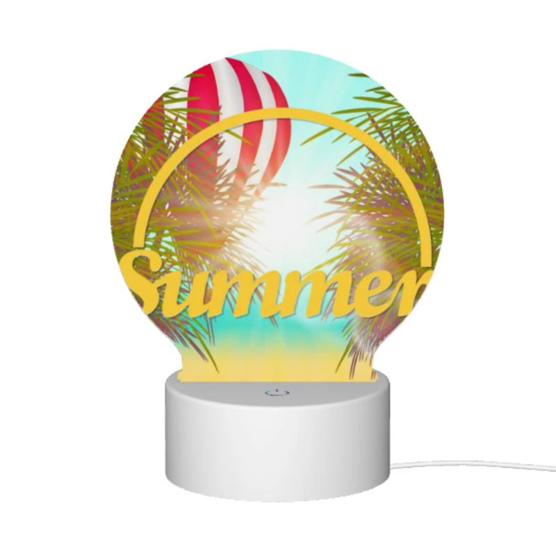 Round Acrylic Night Light, A colorful hot air balloon is flying over a beach with a yellow sign that says "Summer." Round Acrylic Night Light, A Colorful Hot Air Balloon Is Flying Over A Beach With A Yellow Sign That Says "Summer." -Pattern Night Light fd173eef110debc8eadbc7a2ac67ab64748a1cc2