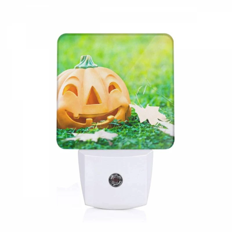 Night Light, A fake pumpkin with a smile on it sits on the grass. Night Light, A Fake Pumpkin With A Smile On It Sits On The Grass. -Pattern Night Light fd5a175167a58069f68325210518b651ce33c3a5