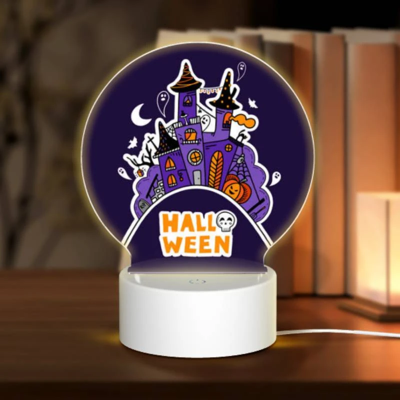 Round Acrylic Night Light, A Halloween poster with a castle and a witch. Round Acrylic Night Light, A Halloween Poster With A Castle And A Witch. -Pattern Night Light fdea7ebd16d280c429c56ed7ac6b633287269ea2