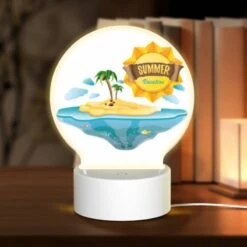 Round Acrylic Night Light, A Sunny Island With A Palm Tree And A Yellow Sun.