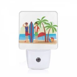 Night Light, Two Men Standing On A Beach With Surfboards And An Umbrella.