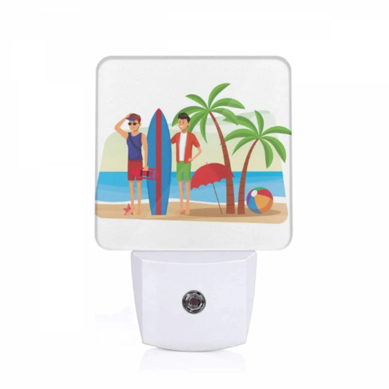 Night Light, Two men standing on a beach with surfboards and an umbrella. Night Light, Two Men Standing On A Beach With Surfboards And An Umbrella. -Pattern Night Light fe4c1b59333b820b245eae0ba61cfd7e5c2ccd2b