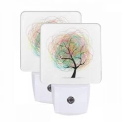 Night Light Set Of 2, A Tree With Many Branches And A Few Leaves.